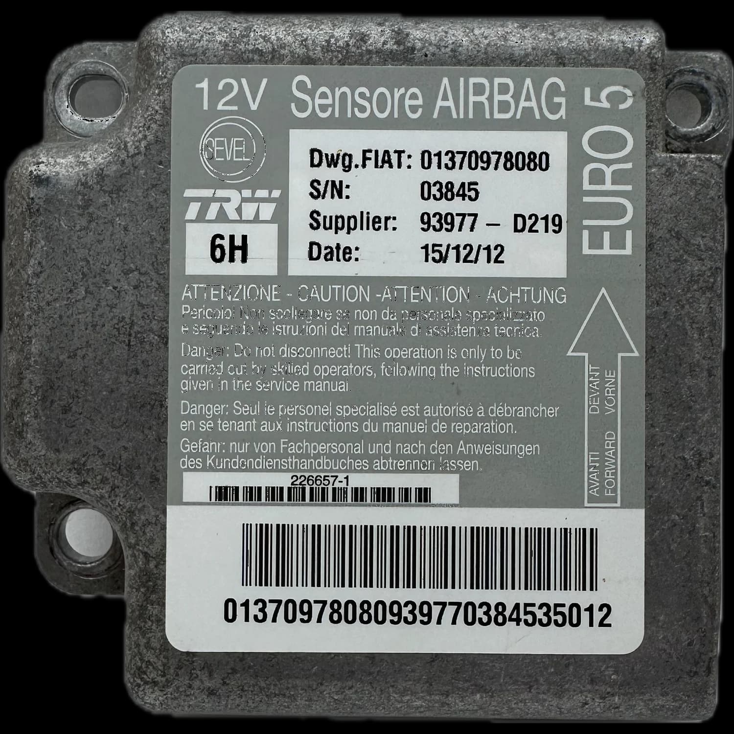 Centralina airbag 01370978080, Etichetta