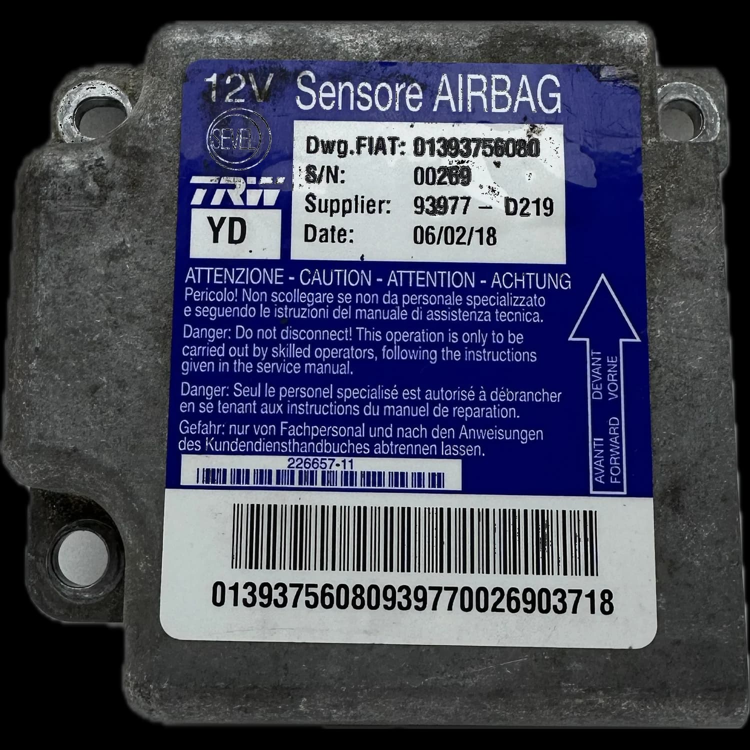 Centralina airbag 01393756080, Etichetta