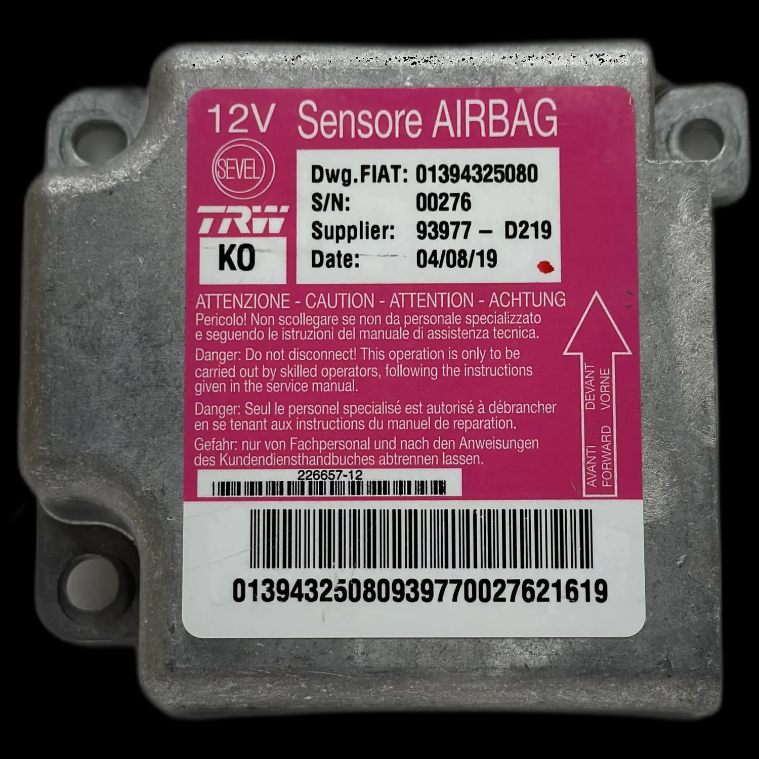 Centralina airbag 01394325080, Etichetta