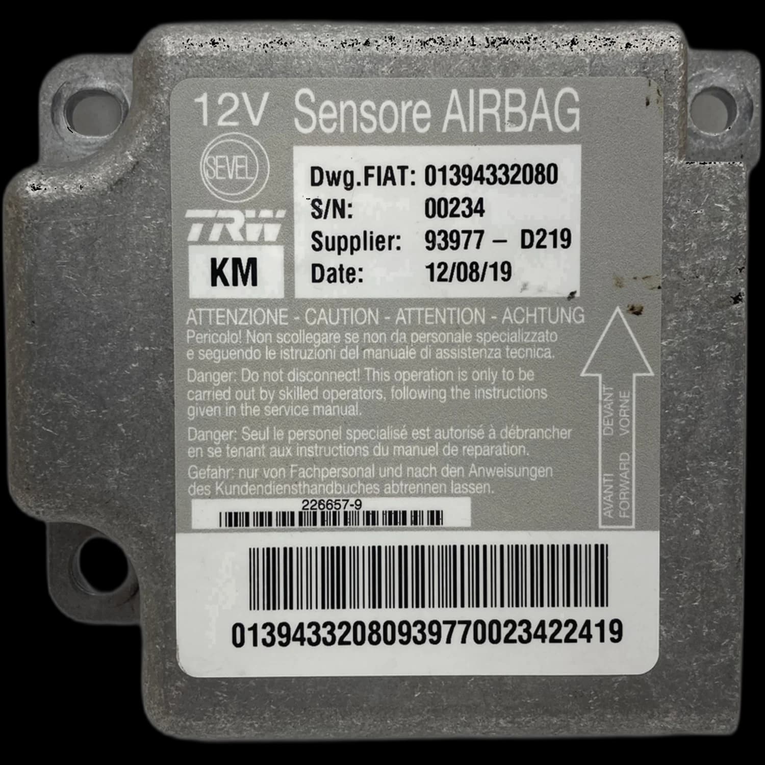 Centralina airbag 01394332080, Etichetta